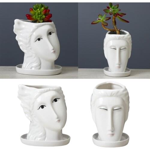Portrait Face Head Planter Plant Pot Flowerpot Figure Ornament Decor White