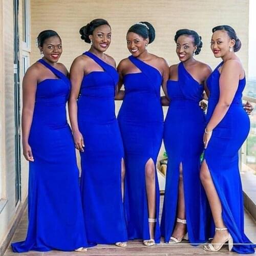 One Shoulder Royal Blue Bridesmaid Dress Elastic Satin Long Wedding Guest Dresses Simple Front Split Vestidos De Dama De Honra