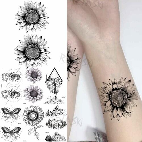 Realistic Sunflower Fashion Wrist Temporary Tattoos For Women Gilr Butterfly Geometry Fake Tattoo Custom Armbands Washable Tatoo