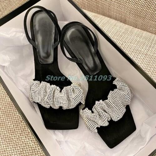 Slingback Crystal Sandals Square Toe Thin High Heels Women Dress Shoes Black Slip On Fashion Women Dress Shoes Heel 7 cm Bling