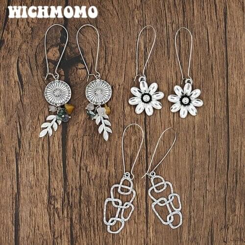 WICHMOMO Retro Zinc Alloy Natural Stones Cute Flower Leaves Earrings Womens Accessories Gifts EST022