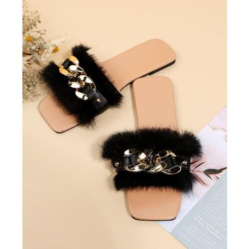 Hairy shoes womens flip flops open-toed slippers sewing shoes winter non-slip big gold chain black plush women cotton slippers