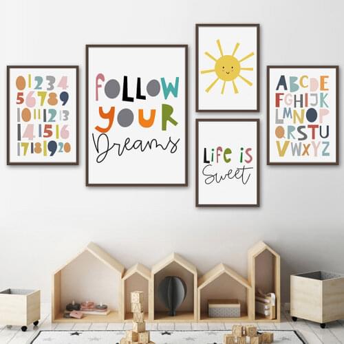 Cute Abstract Colorful Letter Number Painting on Canvas Prints Baby Room Wall Decorative Posters Nursery Home Art Decor Picture
