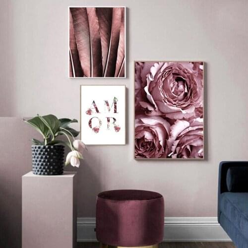 Nordic art poster pink rose flower feather diamond painting rhinestone embroidery modern wall living room decoration picture