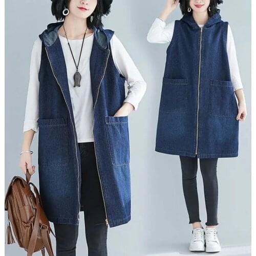 Loose Plus Fertilizer Plus Denim Vest Womens 2021 Spring Summer Mid-Length Waistcoat Sleeveless Plus Size Jacket Solid Color