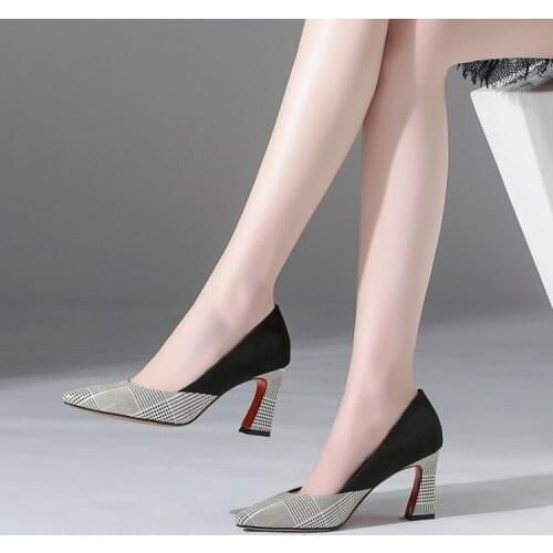 Big Size 9 10 11 12 Ladies High Heels Women Shoes Woman Pumps Light-mouthed single shoe with pointed checked pattern
