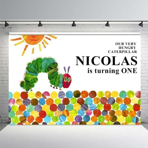 Our Very Hungry Caterpillar NAME Is Turning One Backdrop For Photo Studio Sun Children Newborn Birthday Party Backgrounds Vinyl