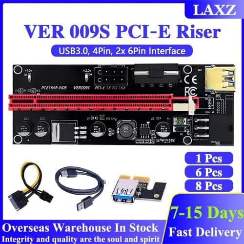 6pcs Newest VER009 USB 3.0 PCI-E Riser VER 009S Express 1X 4x 8x 16x Extender Riser Adapter Card SATA 15pin to 6 pin Power Cable