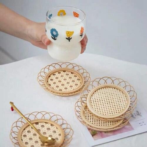 Japanese Style Natural Bamboo Hollow Tea Cup Coaster Placemat Cup Holder Dessert Plate For Home Kitchen Living Room