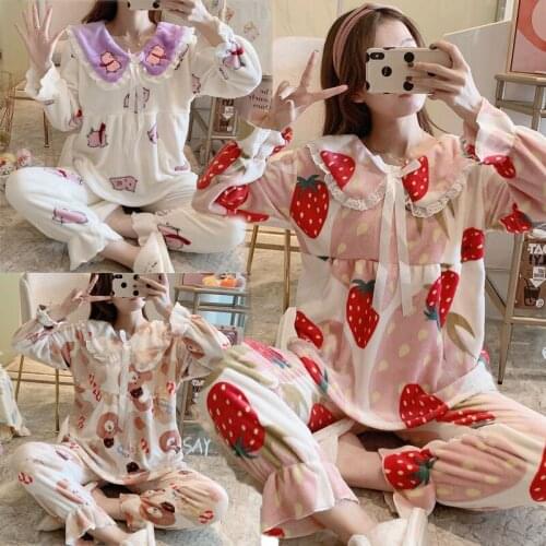 Strawberry Fairy Doll Collar Pajamas Flannel Suit Lace Bear Princess Style Coral Fleece Home Service Pajamas for Women
