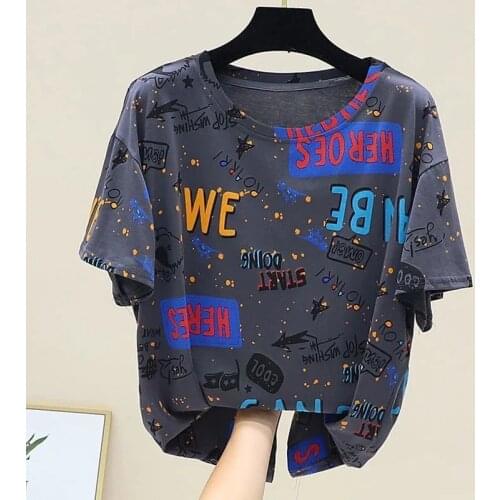 2021 New Summer Print Short-sleeved Korean T-shirt Loose Round Neck Wild Temperament Plus Size Womens Fashion Top Women