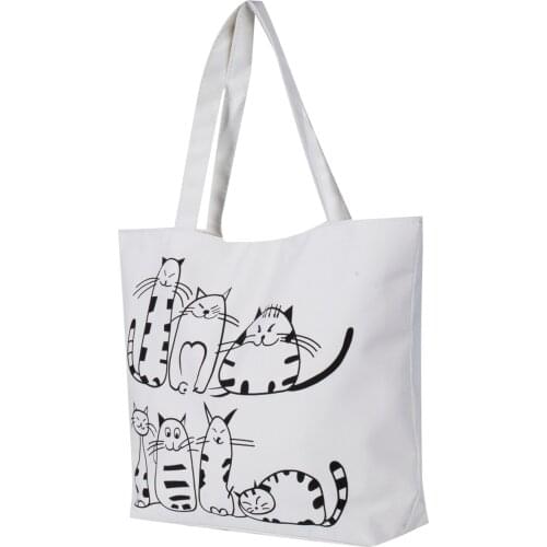 Women Canvas cartoon Cat Printed Shoulder bag Female Large Capacity Ladies Beach Bag Women Canvas Tote Shopping Bags Storage Bag