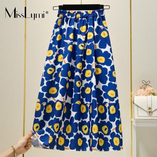 MissLymi L-4XL Plus Size Women Casual Floral Skirt Summer 2021 Fashion Loose Elastic High Waist Retro Pleated A-line Midi Skirt