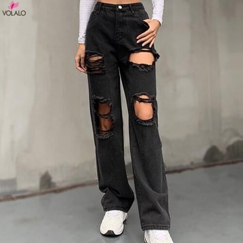 Women Ripped Black Jeans High Waisted Baggy Boyfriend Pants Y2K Teen Girls Straight Leg Vintage Denim Trousers