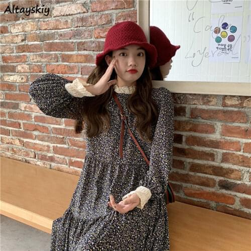 Dress Women French Style All-match Vintage Trendy Print Feminino Clothing Flare Sleeve High Waist Popular Design Autumn Elegant
