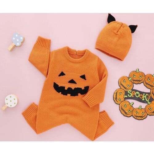 0-18Months 2Pcs Baby Girls Boys Jumpsuit Outfit Infant Pumpkin Grimace Long Sleeves Knitted Romper + Hat Halloween Cosplay Party