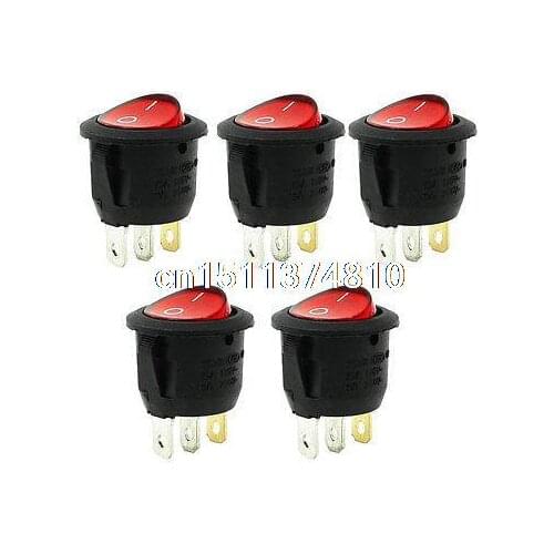 5 Pcs SPST Red Neon Light On/Off Round Rocker Switch AC 6A/250V 10A/125V