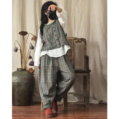 Women Spring Autumn Cotton Linen Plaid Elastic Waist Pants Ladies Vintage Loose Plaid Trousers Female Pants