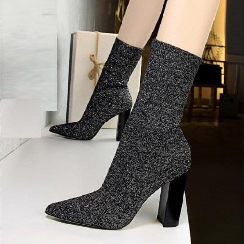 European America Style New Spring Autumn Winter Fashion Slim Thick High Heels Pointed Toe Slip-On Knitting Women Boots 20200910