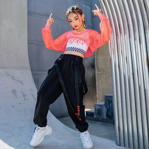 Childrens Jazz Dance Costumes Pink Net Crop Tops Black Casual Pants For Girls Hip Hop Clothing Street Dancing Rave Outfit Wear