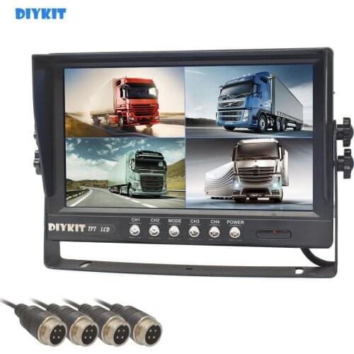 DIYKIT 9" 4CH 4PIN 4 Split Quad Screen Display Backup Rear View Car Monitor for Car Truck Bus Reversing Camera 12V-24V DC