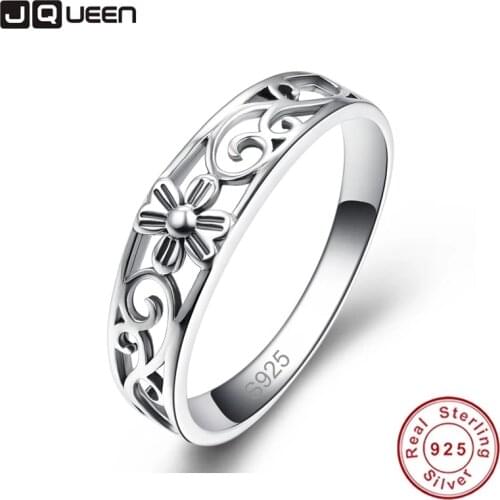 JQueen 100% S925 Ring hollow flowers pattern wedding engagement rings for woman man with full size 6/7/8/9 Y0071R