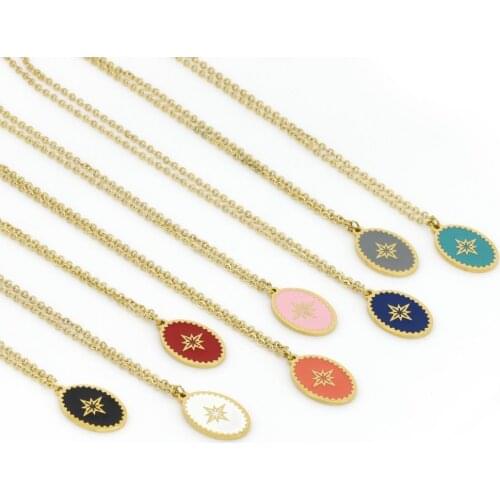 5pcs/pack Oval round star dripping oil copper inlaid shell charms with thin link pendant choker necklace collar for woman gift