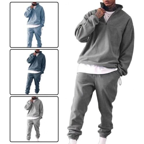 Plus Size Stand Collar Thicken Sweatshirt Pants Set 2Pieces Warm Solid Color Zipper Neck Men Tracksuit Set for Autumn Winter2021