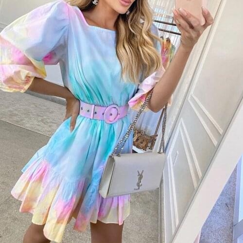 2021 Summer New Fashion Tie-dye Holiday Style Ruffled Waist Slimming Printed Dress FC1000 A241