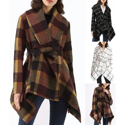 New Hot Sale Fashion Womens Turn Down Collar Wool Blend Shawl Coat, Fall Winter Fleece Plaid Outerwear Long sleeve Warm Wear