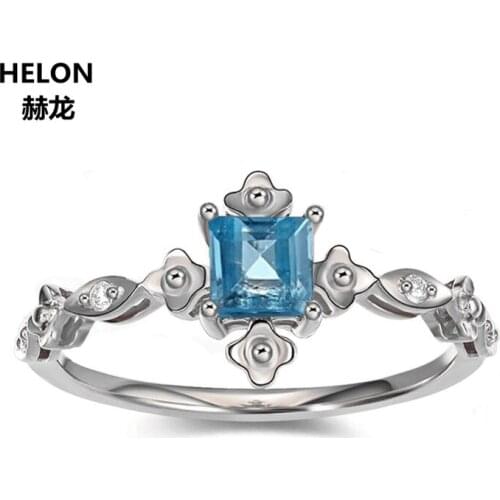 Solid 14k White Gold Women Engagement Wedding Ring Flower 4x4mm Sky Blue Topaz Natural Diamonds Ring
