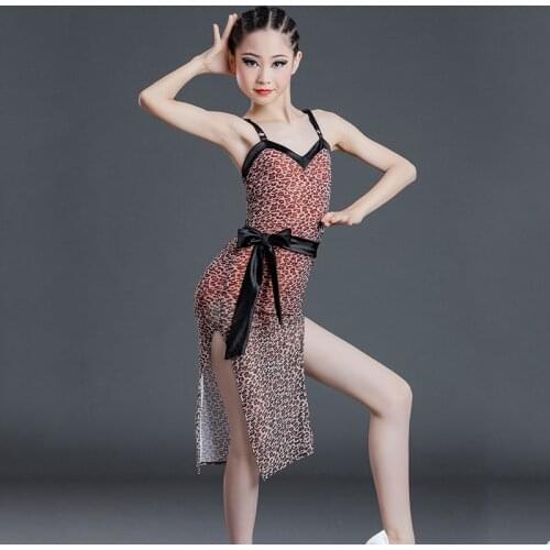 2021 Latin Dance Dress New Children Latin Dance Clothes Leopard Print One-Piece Skirt Girls Professional Practice Dress DN8557