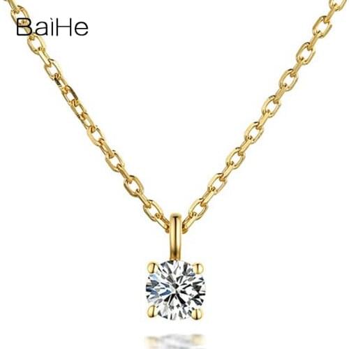 BAIHE Real Solid 18K Yellow Gold 0.20ct Full Cut H/SI Natural Diamonds Wedding Fine Jewelry Round Pendant Necklaces Women Gift