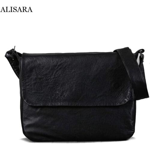 Alisara Mens Messenger Bags First Layer Cow Leather Top End Male Laptop Briefcase Crossbody Handbag Casual Business Satchel
