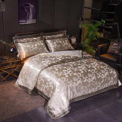 Dropshipping Duvet Cover Set Wedding Golden Jacquard bedding set Lace flat sheet Pillowcase 4pcs European luxury Lace Beige N06