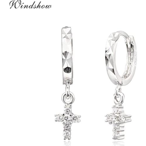 Real 925 Sterling Silver CZ Cross Charm Drop Small Circle Huggies Hoop Earrings Cute Jewelry For Women Girls Kids Children Gift