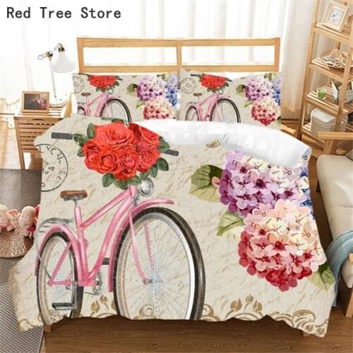 Romantic Colorful Rose Bicycle Print Bedding Set 2-3 Pieces Duvet Cover With Pillowcase Festival Gift for Couple King Queen Size