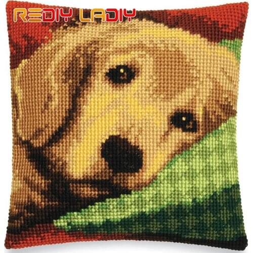 DIY Cross Stitch Cushion Sleeping Puppy Needlepoint Kits Pre-Printed Canvas Thick Yarn Cross-stitch Pillow Case Arts and Crafts