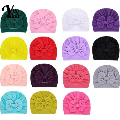 Yundfly Solid Color Handmade Bowknot Newborn Caps Fashion Bows Turban Hats Baby Girls Headwear Birthday Gifts Photography Props