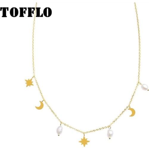 TOFFLO Stainless Steel Jewelry Star Moon Freshwater Pearl Tassel Clavicle Necklace Female Elegant Sweater Chain BSP774