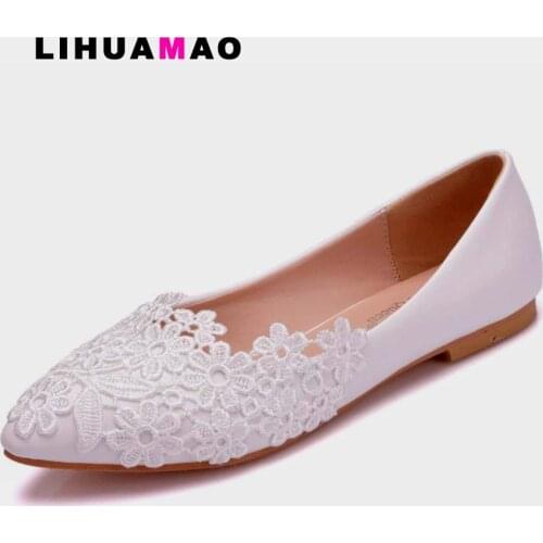 LIHUAMAO White wedding shoes for women flats pointed toe slip on soft sole breathable office career party lace flower cute shoes