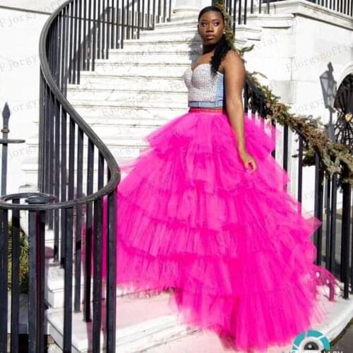 Unique Tiered Layers FuschiaTulle Skirts Womens Puffy Asymmetrical Adult Skirt Real Image Chic Tutu Skirt Faldas Saia Jupe
