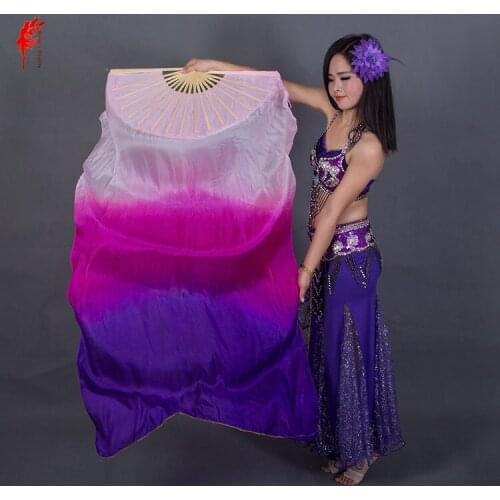 Colors dyed 100% pure natural silk fan veils for Belly Dance 180cm Long silk fan for dancer performance veil fan A pair