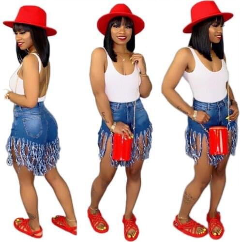 Blue Denim Skirt African For Women Urbano Casual Summer Clothing Fringed Denim Tight Mini Skirt 2021 European And American New