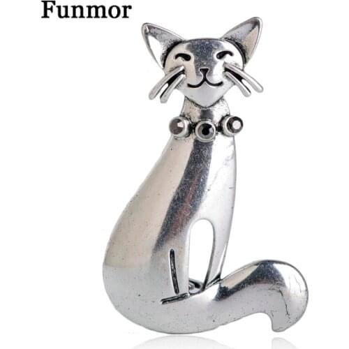 FUNMOR Vintage Smile Cat Brooches For Women Party Jewelry Hijab Pins Antique Silver Color Crystal Animal Brooch Sweater Pendant