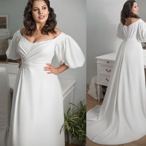Vestidos Elegant Wedding Dresses Jersey Pleat Pearls V-Neck Half Sleeve Zipper Plus Size A-Line Bridal Gowns