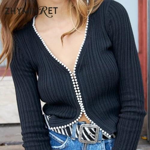 ZHYMIHRET Autumn Winter V Neck Cardigan Women Pearls Long Sleeve Warm Knitted Sweater Streetwear 2019 Cropped Cardigan