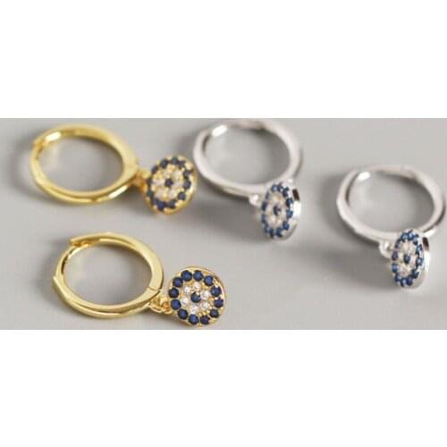 1pair 12mm*20mm 100% Authentic 925 Sterling silver Golds White Blue Zirconia Devil Eye hoop Huggie earrings FINE jEWELRY TLE611