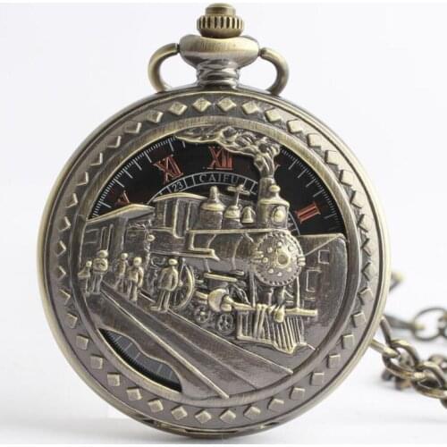 10pcs/lot Hollowed Steampunk Bronze Train Mechanical Pocket Watch Vintage Roman Dial Hand Wind Pocket Watch Wholesale