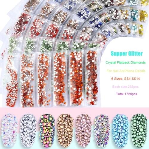 1728PCS SS4-SS12 6 Sizes Glitter Flatback Crystal Diamonds Drill Acrylic Nail Art Rhinestones Jewel Manicure Phone Decals Set